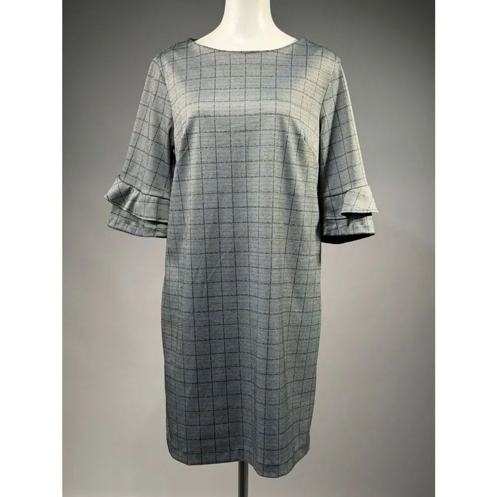 Banana Republic Gray Windowpane Midi Dress with Ruffle Elbow Sleeves (r14)